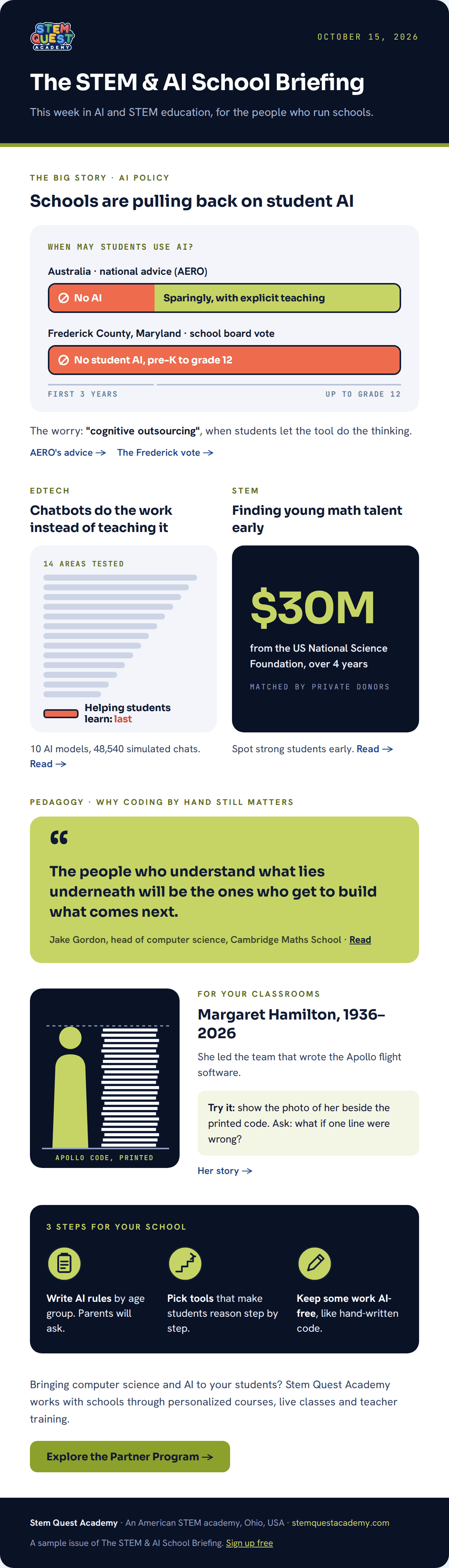 The STEM & AI School Briefing for October 15, 2026: schools pull back on student AI, chatbots that do the work instead of teaching it, why coding fundamentals matter more, $30 million for young math talent, and remembering Margaret Hamilton.